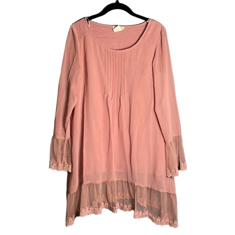 Sweet Magnolia Pink Long Sleeve Dress Mesh Hem 8